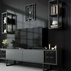 Mobili Porta Tv|Salotto > Dmora Porta TV antracite e nero 180x30x48h cm modulabile - Axa Nero, Nero Antracite