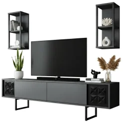 Mobili Porta Tv|Salotto > Dmora Porta TV antracite e nero 180x30x48h cm modulabile - Axa Nero, Nero Antracite