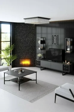 Mobili Porta Tv|Salotto > Dmora Porta TV antracite e nero 180x30x48h cm modulabile - Axa Nero, Nero Antracite