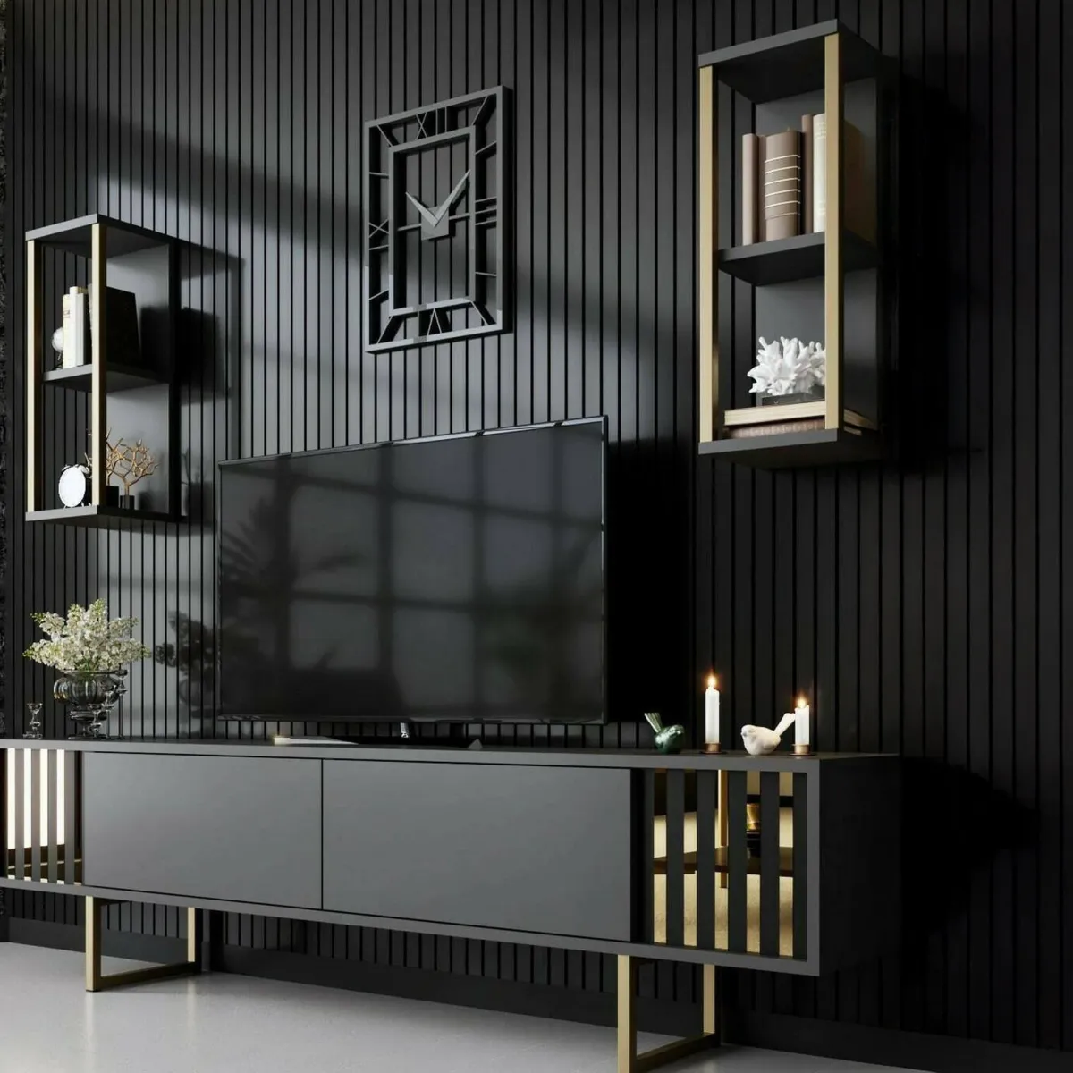 Mobili Porta Tv|Salotto > Dmora Porta TV antracite e oro 180x30x48h cm modulabile - Artinay Oro, Nero Antracite