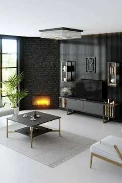 Mobili Porta Tv|Salotto > Dmora Porta TV antracite e oro 180x30x48h cm modulabile - Artinay Oro, Nero Antracite