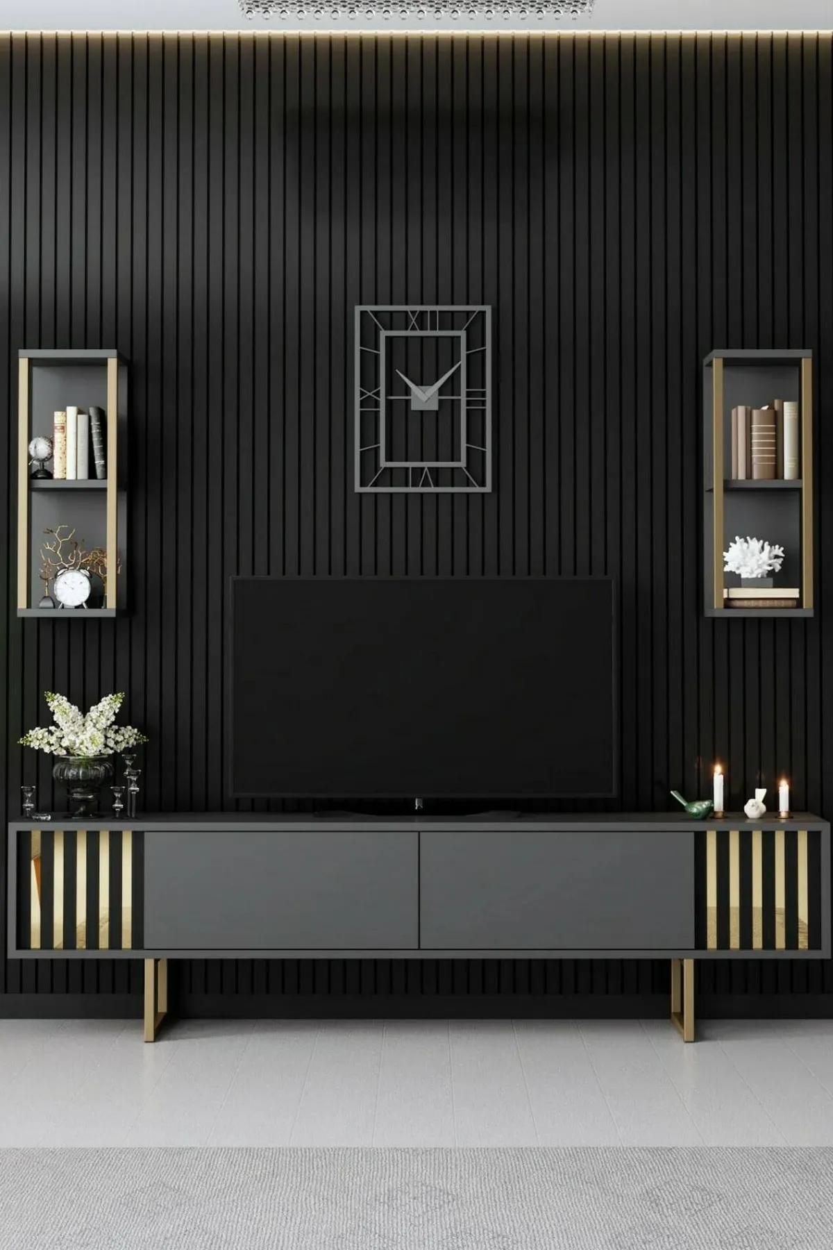 Mobili Porta Tv|Salotto > Dmora Porta TV antracite e oro 180x30x48h cm modulabile - Artinay Oro, Nero Antracite