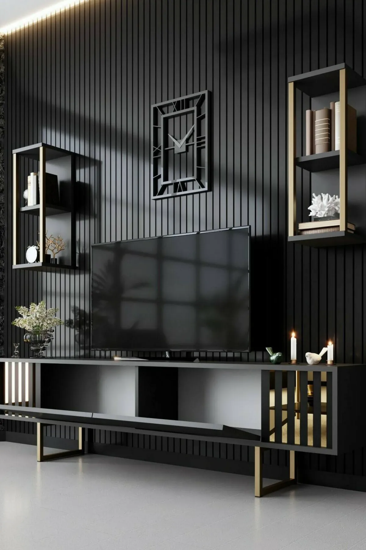 Mobili Porta Tv|Salotto > Dmora Porta TV antracite e oro 180x30x48h cm modulabile - Artinay Oro, Nero Antracite