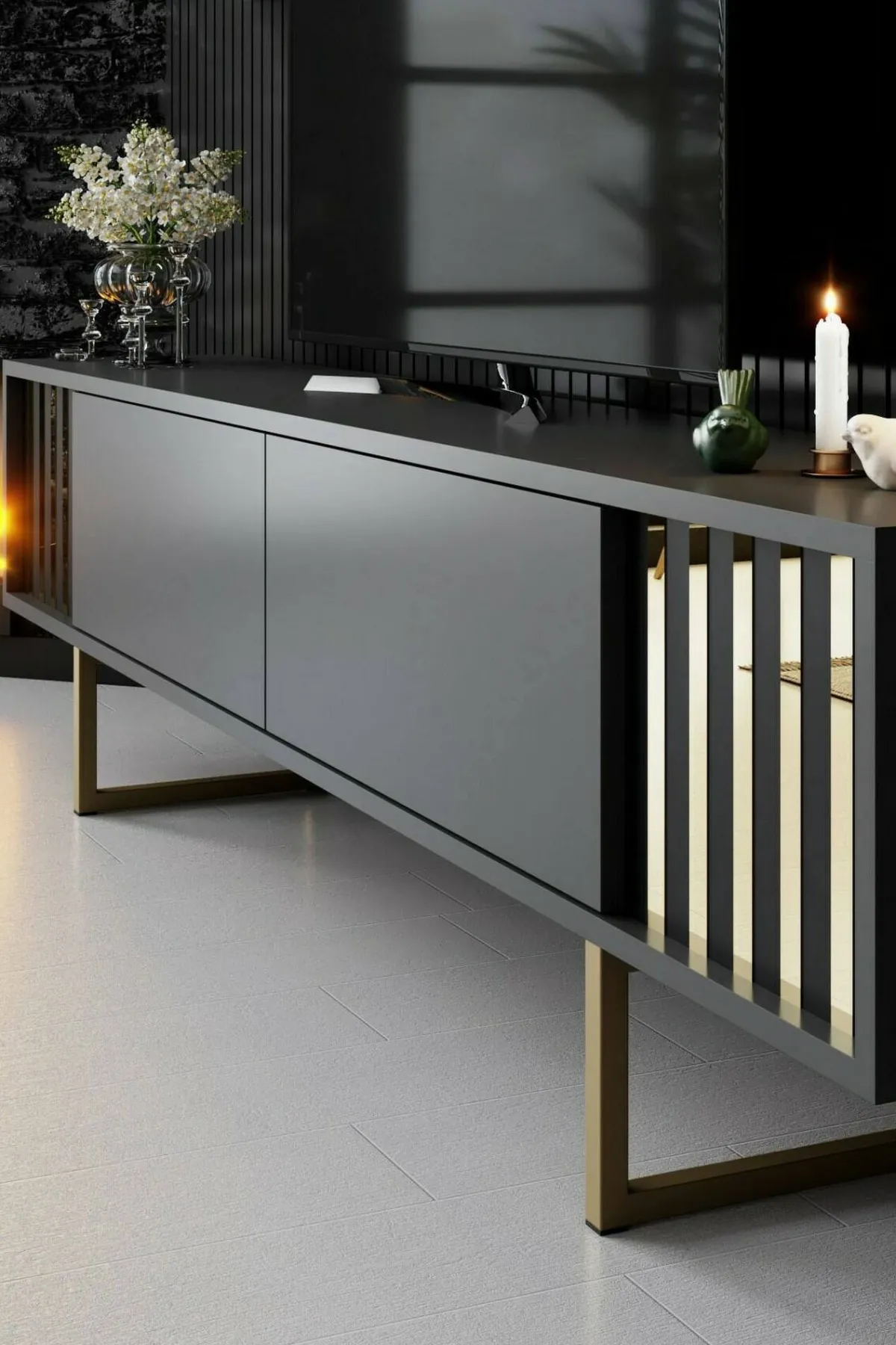 Mobili Porta Tv|Salotto > Dmora Porta TV antracite e oro 180x30x48h cm modulabile - Artinay Oro, Nero Antracite