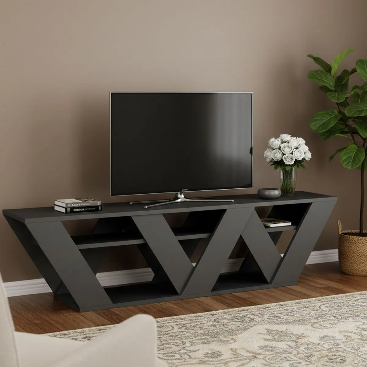 Mobili Porta Tv|Salotto > Dmora Porta TV antracite 158x30x40h cm in legno - Arcobaleno Nero Antracite