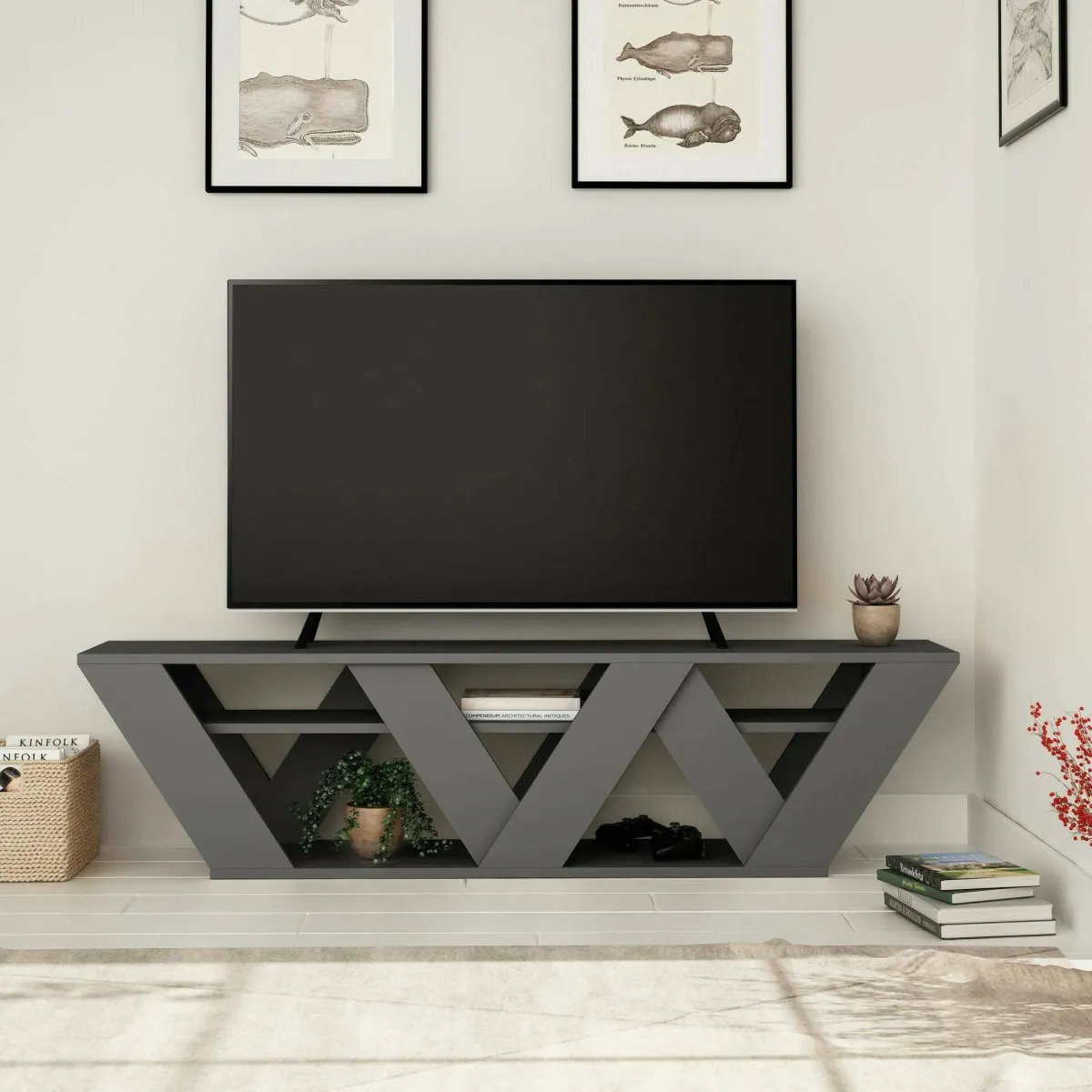 Mobili Porta Tv|Salotto > Dmora Porta TV antracite 158x30x40h cm in legno - Arcobaleno Nero Antracite