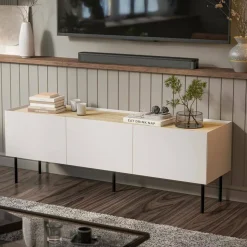 Mobili Porta Tv > Dmora Porta TV beige e rovere 200x40x52h cm 4 ante - Scopa Marrone Rovere, Beige Cashmere