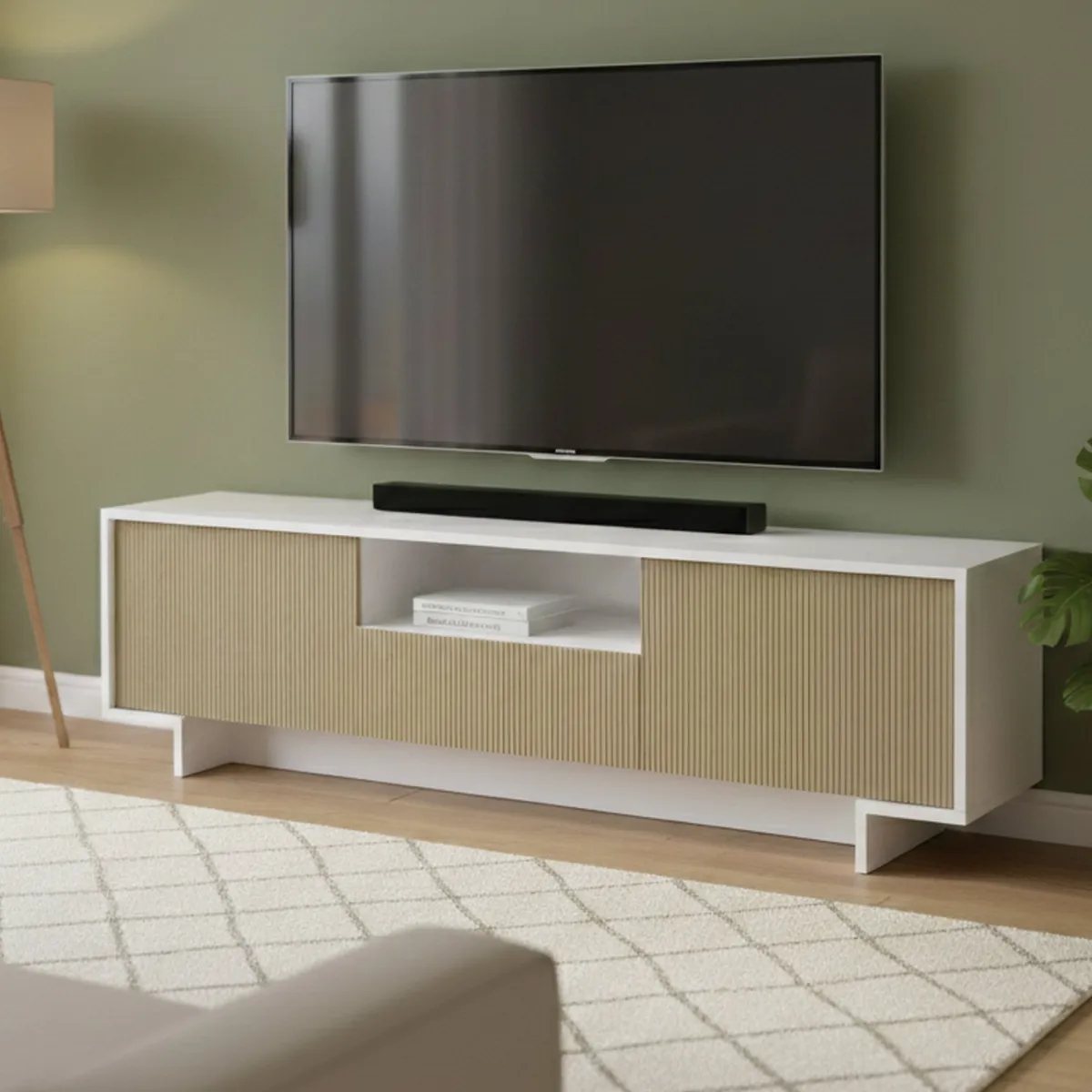 Mobili Porta Tv|Salotto > Dmora Porta TV bianco e beige 170x42x48h cm 2 ante e 1 cassetto - Atina Beige, Bianco