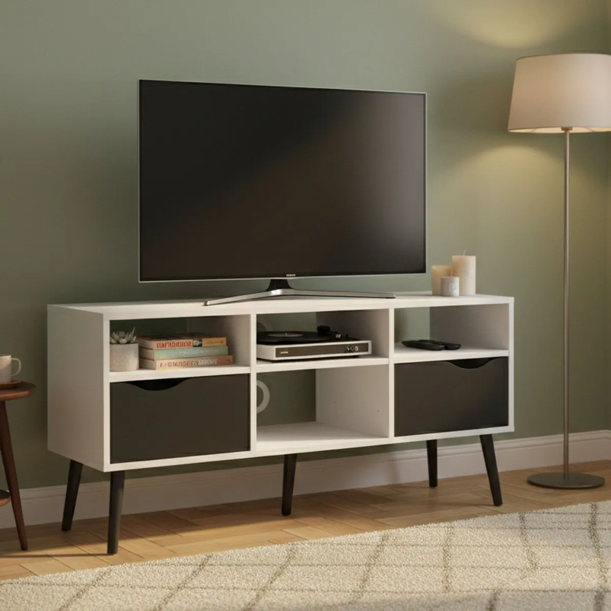 Mobili Porta Tv > Dmora Porta TV bianco e nero 117x39x57h cm in legno - Aliani Nero, Bianco