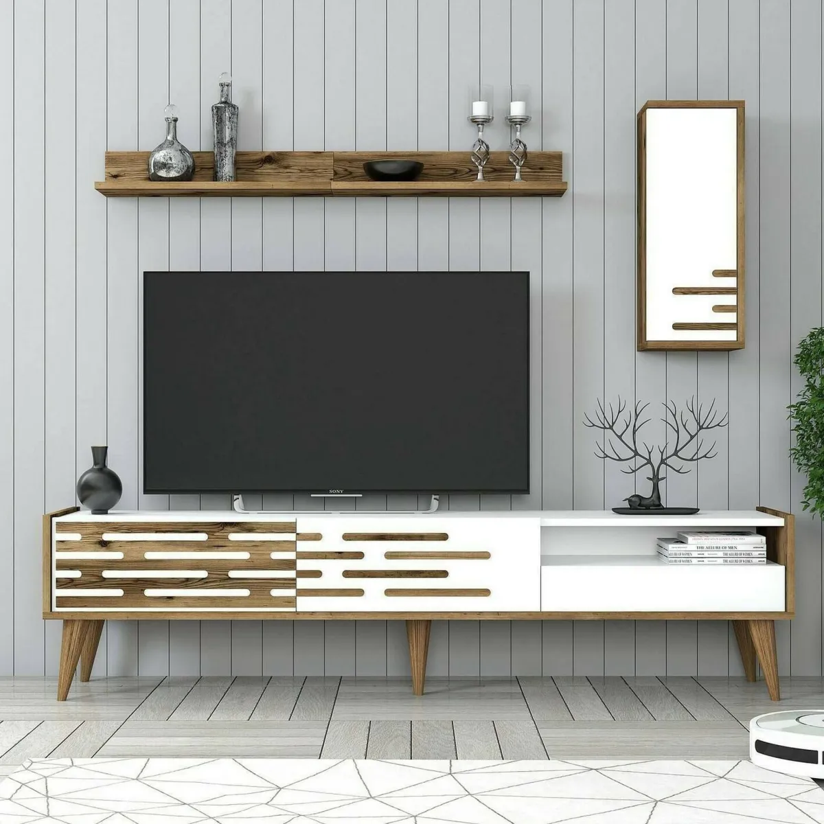 Mobili Porta Tv|Salotto > Dmora Porta TV bianco e noce 180x45x35h cm 3 ante - Upana Marrone, Bianco Noce