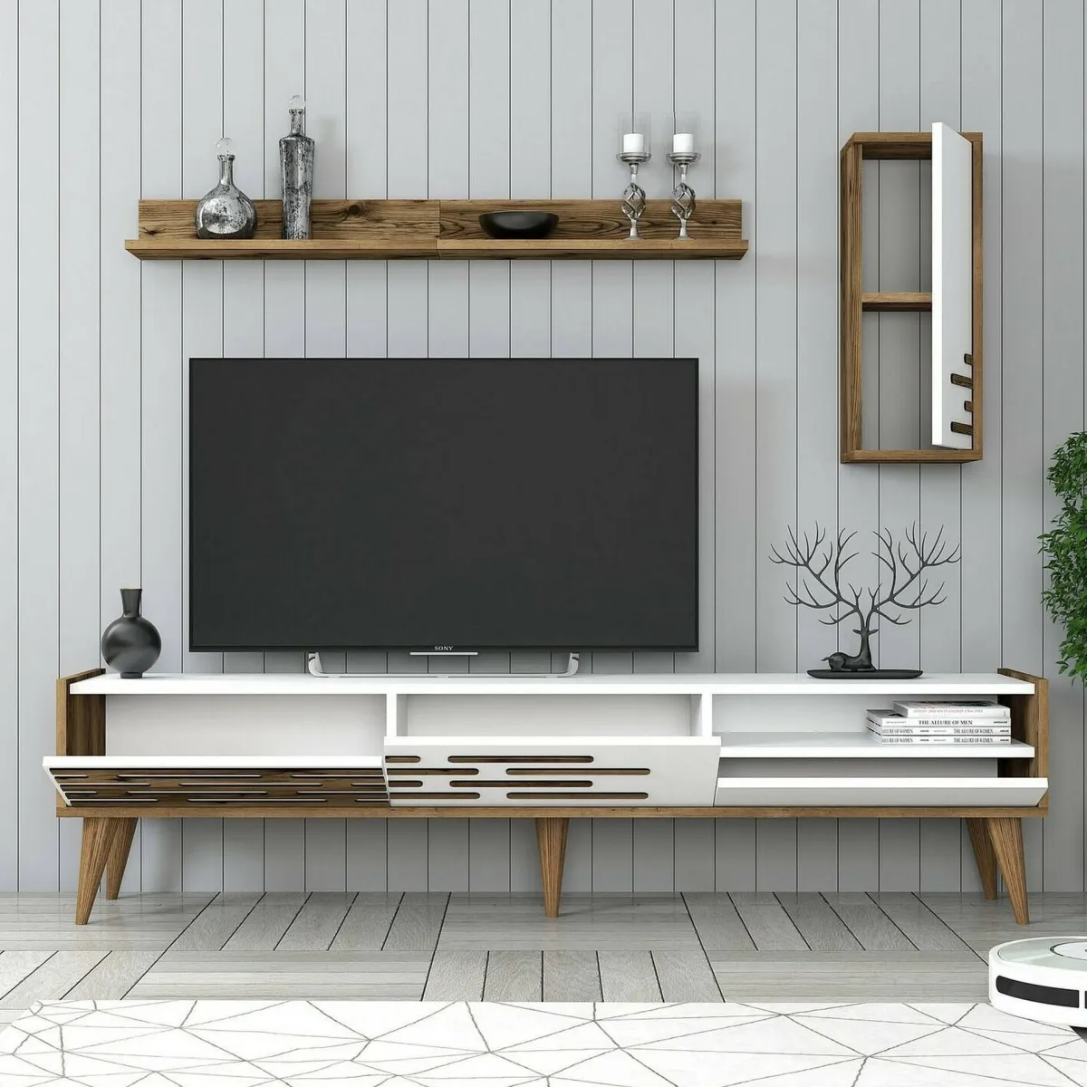 Mobili Porta Tv|Salotto > Dmora Porta TV bianco e noce 180x45x35h cm 3 ante - Upana Marrone, Bianco Noce
