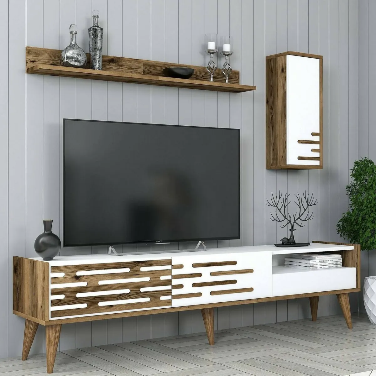 Mobili Porta Tv|Salotto > Dmora Porta TV bianco e noce 180x45x35h cm 3 ante - Upana Marrone, Bianco Noce