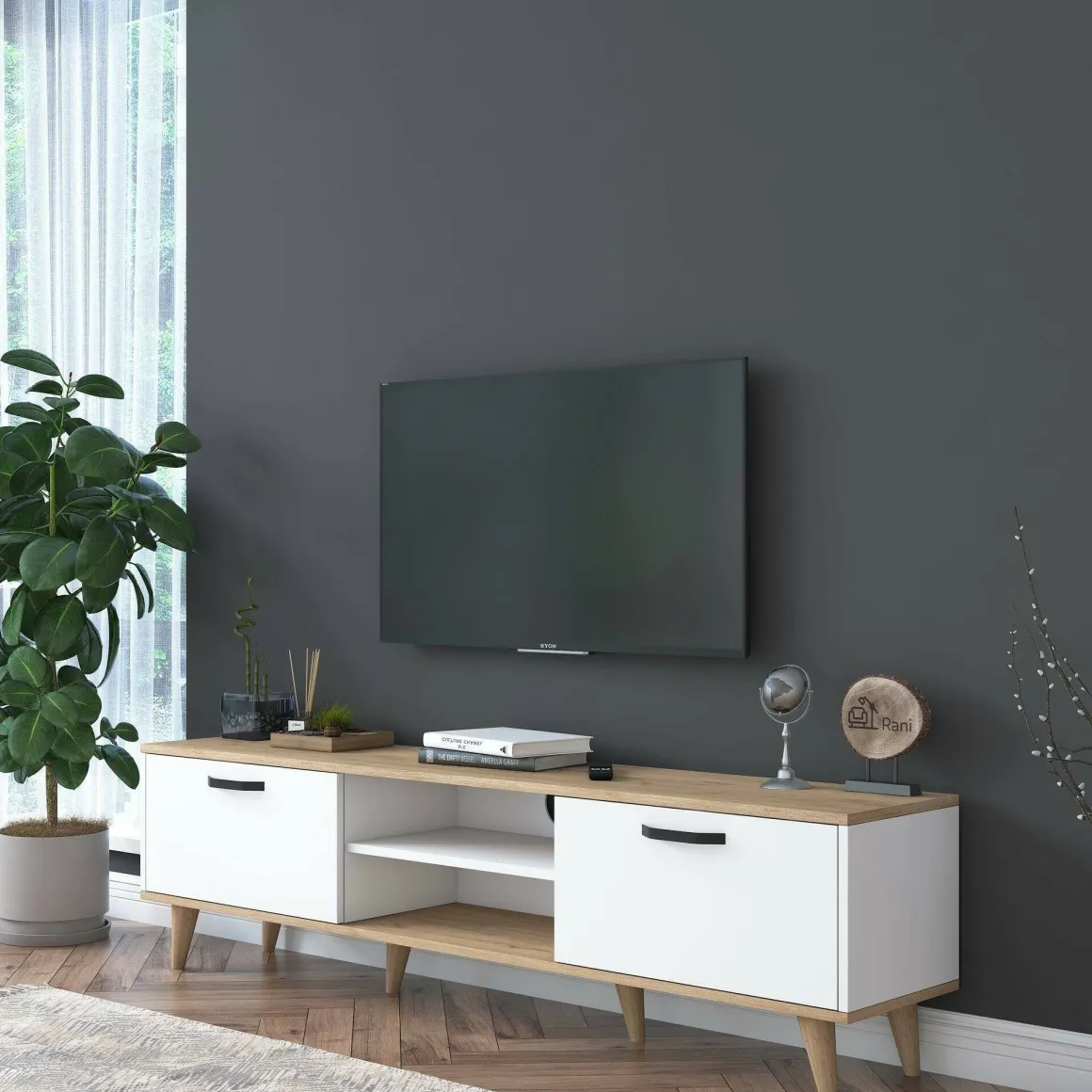 Porta TV bianco e noce 180x35x48h cm modulabile - Messalina