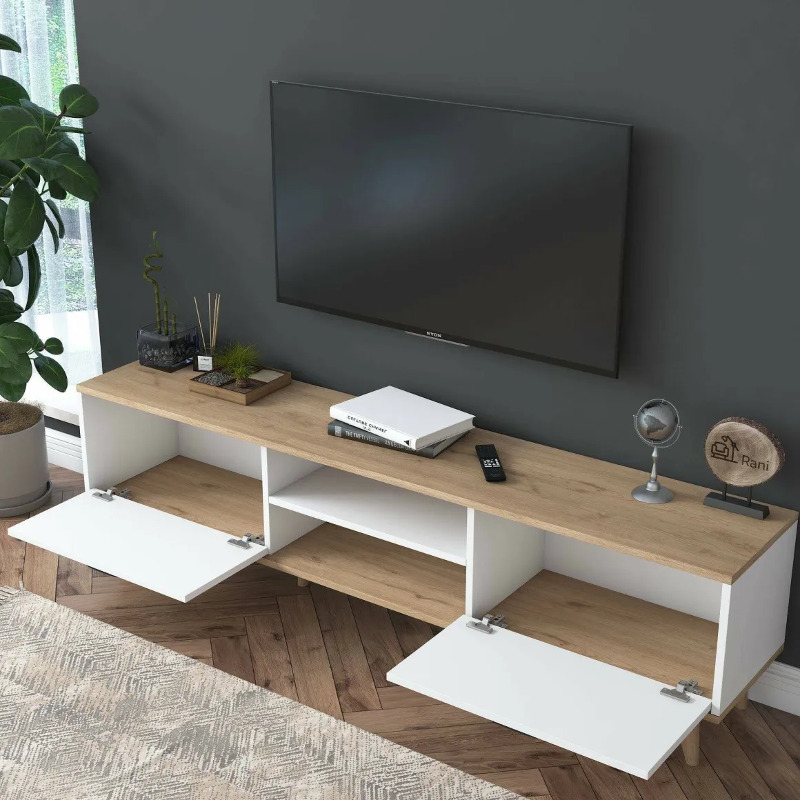 Porta TV bianco e noce 180x35x48h cm modulabile - Messalina