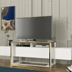 Mobili Porta Tv|Salotto > Dmora Porta TV bianco e oro 160x46x49h cm in legno - Jo Oro, Bianco
