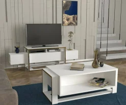 Mobili Porta Tv|Salotto > Dmora Porta TV bianco e oro 160x46x49h cm in legno - Jo Oro, Bianco