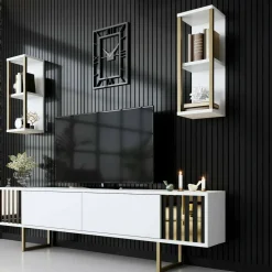 Mobili Porta Tv|Salotto > Dmora Porta TV bianco e oro 180x30x48h cm modulabile - Artinay Oro, Bianco