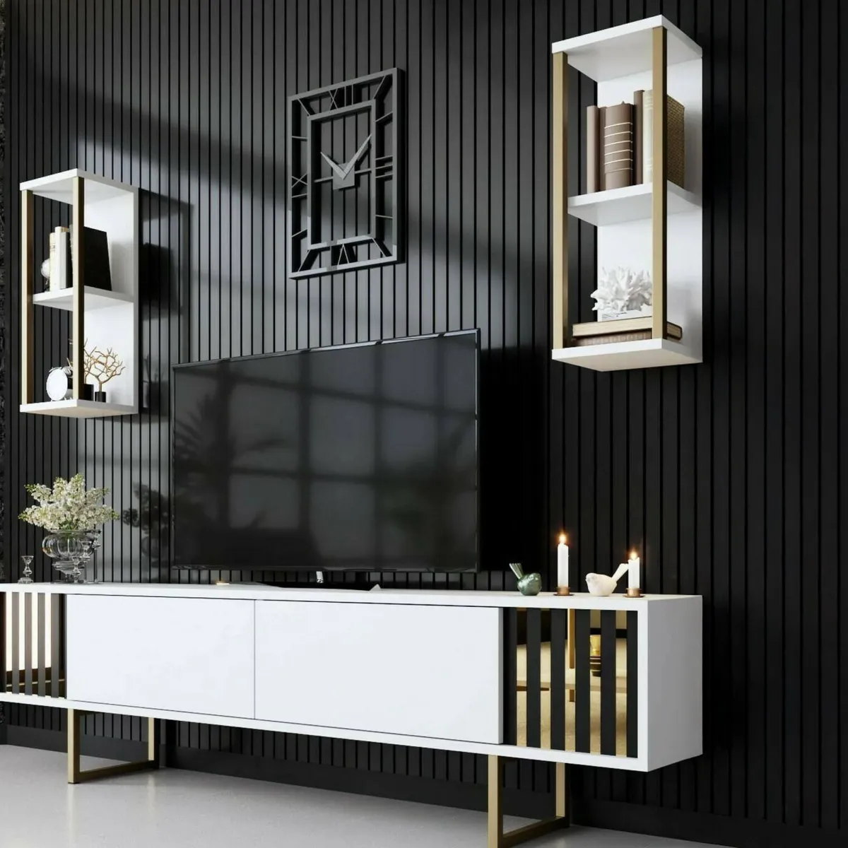 Mobili Porta Tv|Salotto > Dmora Porta TV bianco e oro 180x30x48h cm modulabile - Artinay Oro, Bianco