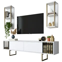 Mobili Porta Tv|Salotto > Dmora Porta TV bianco e oro 180x30x48h cm modulabile - Artinay Oro, Bianco
