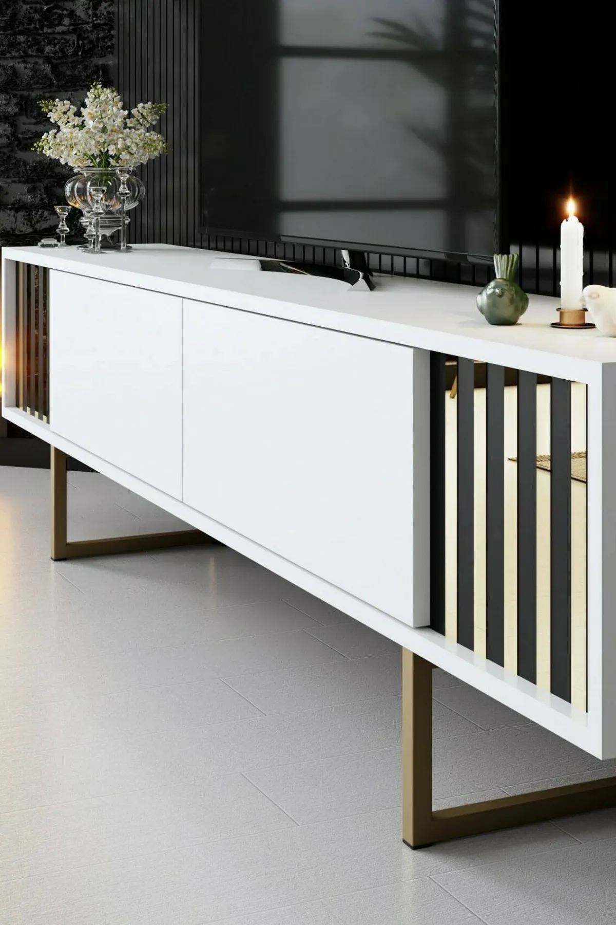 Mobili Porta Tv|Salotto > Dmora Porta TV bianco e oro 180x30x48h cm modulabile - Artinay Oro, Bianco