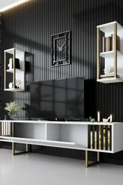 Mobili Porta Tv|Salotto > Dmora Porta TV bianco e oro 180x30x48h cm modulabile - Artinay Oro, Bianco