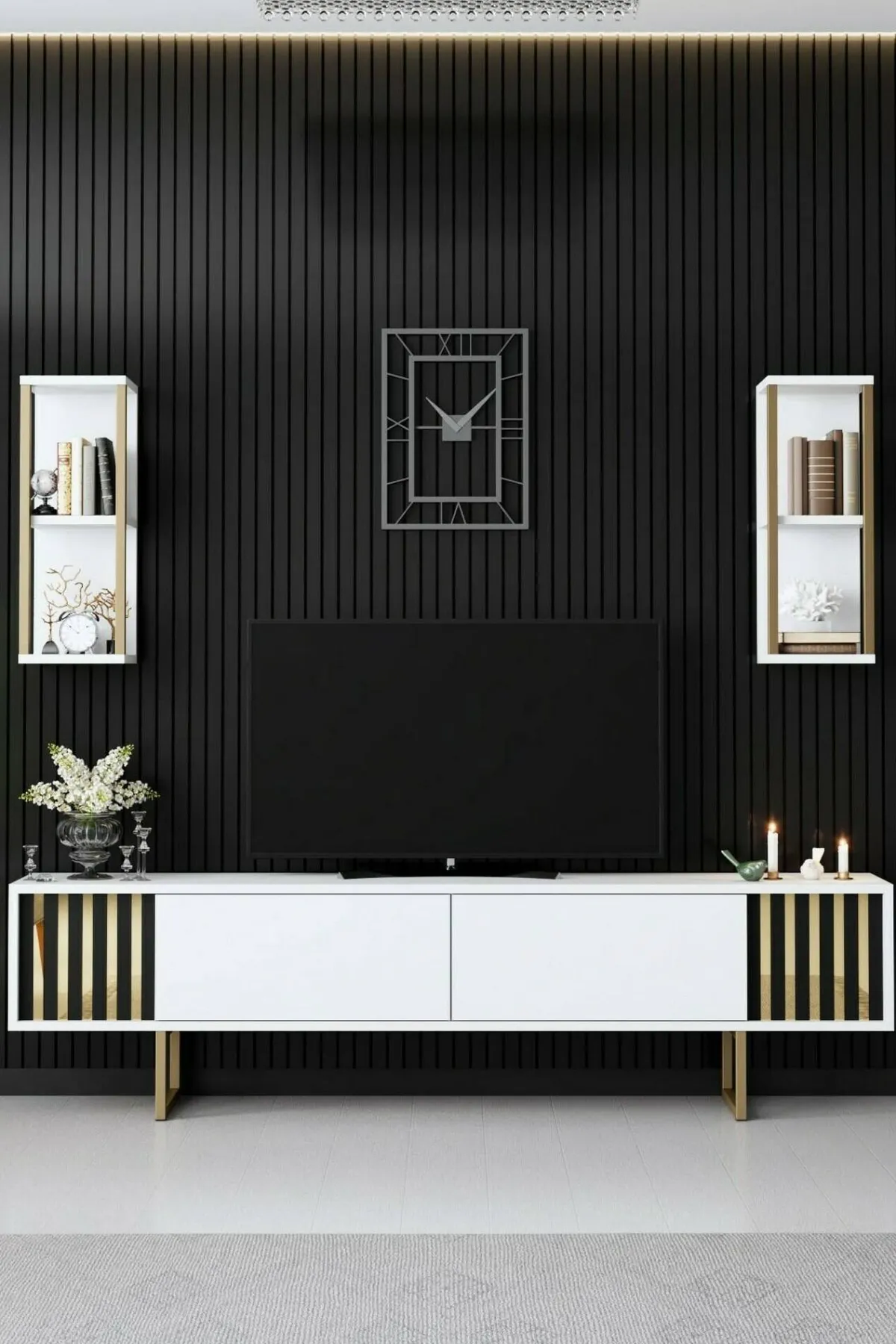 Mobili Porta Tv|Salotto > Dmora Porta TV bianco e oro 180x30x48h cm modulabile - Artinay Oro, Bianco