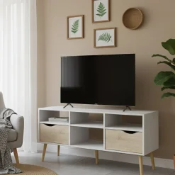 Porta TV bianco e quercia 117x39x57h cm in legno - Aliani