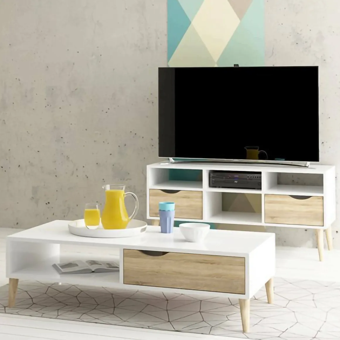 Porta TV bianco e quercia 117x39x57h cm in legno - Aliani
