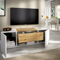 Porta TV bianco e rovere nodi 138x35x44h cm 2 ante e 1 cassetto - Acik