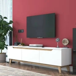 Mobili Porta Tv|Salotto > Dmora Porta TV bianco e rovere 180x35x48h cm 3 ante - Apatite Marrone, Bianco Rovere