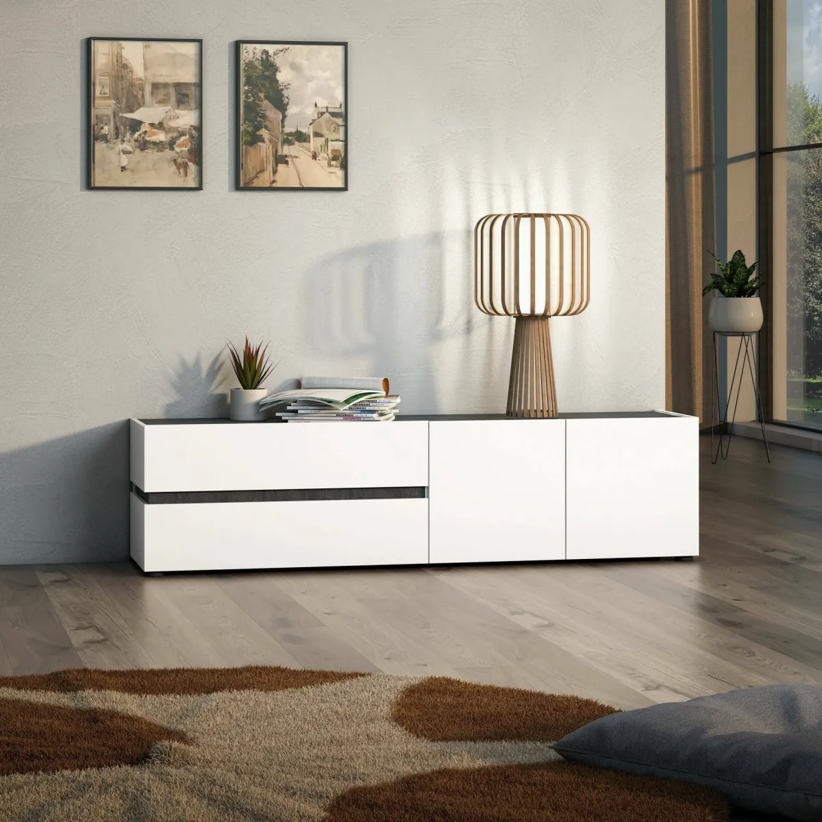 Mobili Porta Tv > Dmora Porta TV bianco lucido e antracite 180x47x42h cm 2 ante e 2 cassetti - Basico Nero Antracite, Bianco Lucido