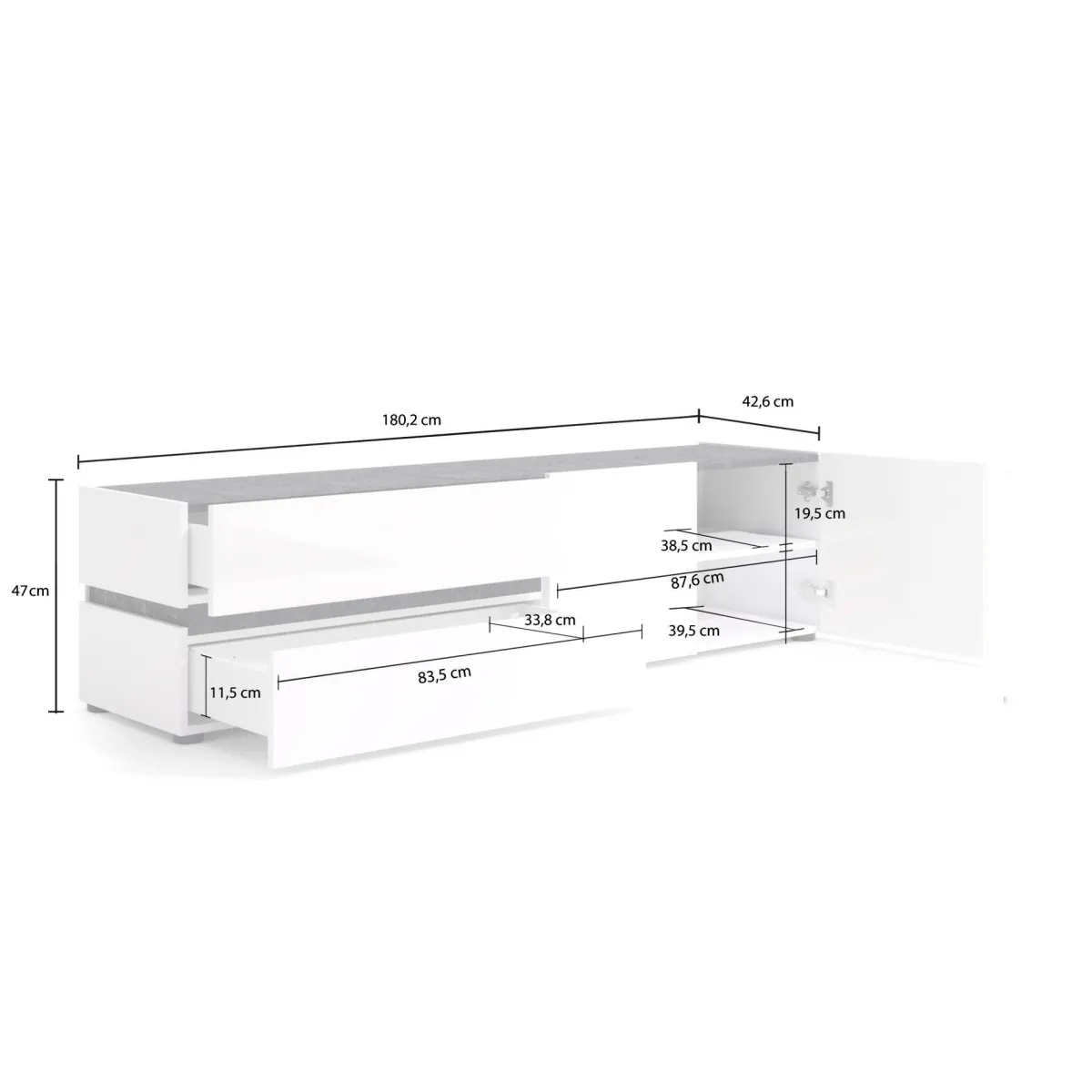Mobili Porta Tv > Dmora Porta TV bianco lucido e antracite 180x47x42h cm 2 ante e 2 cassetti - Basico Nero Antracite, Bianco Lucido