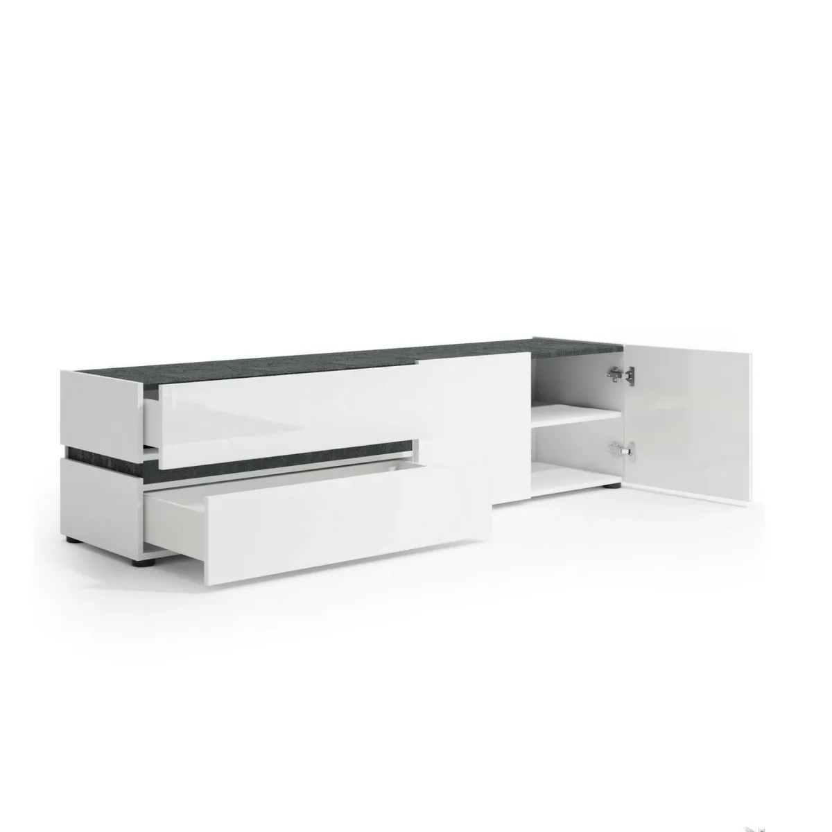 Mobili Porta Tv > Dmora Porta TV bianco lucido e antracite 180x47x42h cm 2 ante e 2 cassetti - Basico Nero Antracite, Bianco Lucido