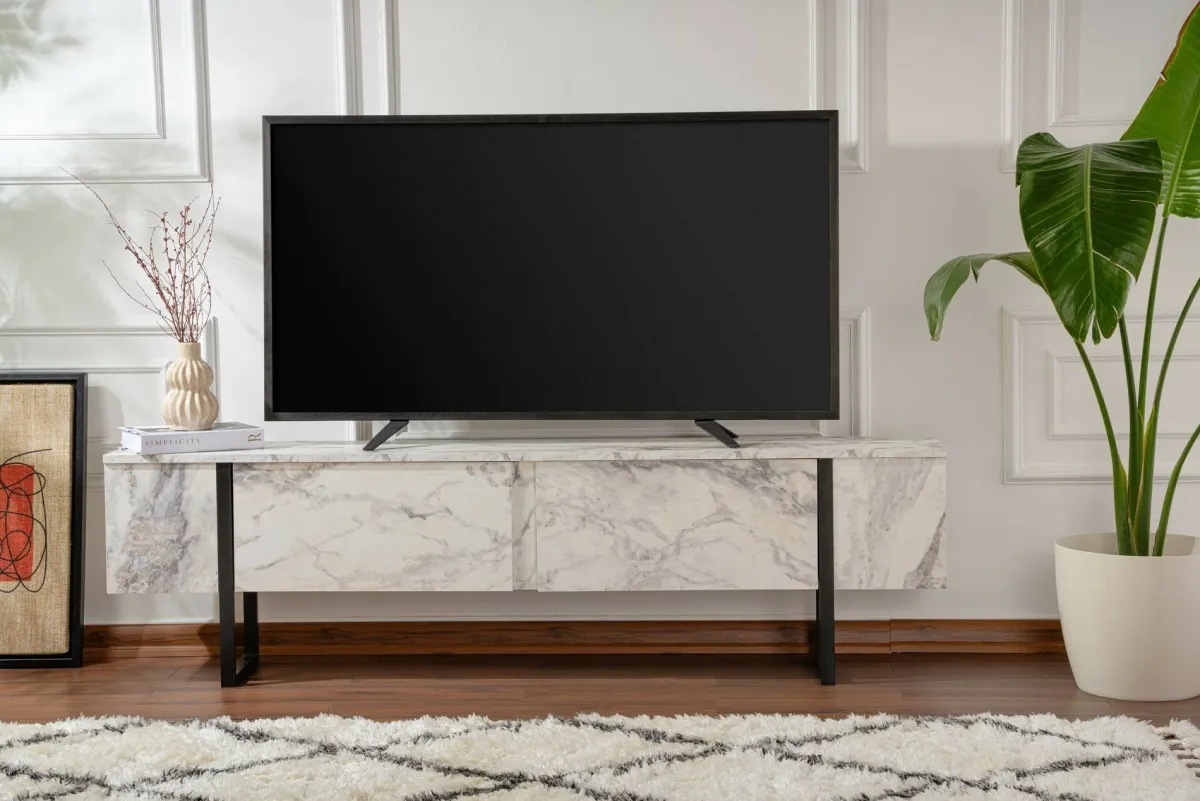 Mobili Porta Tv > Dmora Porta TV marmo e nero 180x29x50h cm 2 ante - Lilith Nero, Bianco Marmo