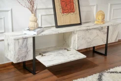 Mobili Porta Tv > Dmora Porta TV marmo e nero 180x29x50h cm 2 ante - Lilith Nero, Bianco Marmo