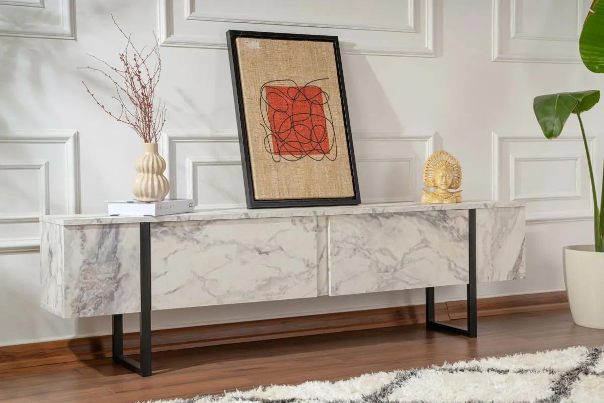 Mobili Porta Tv > Dmora Porta TV marmo e nero 180x29x50h cm 2 ante - Lilith Nero, Bianco Marmo
