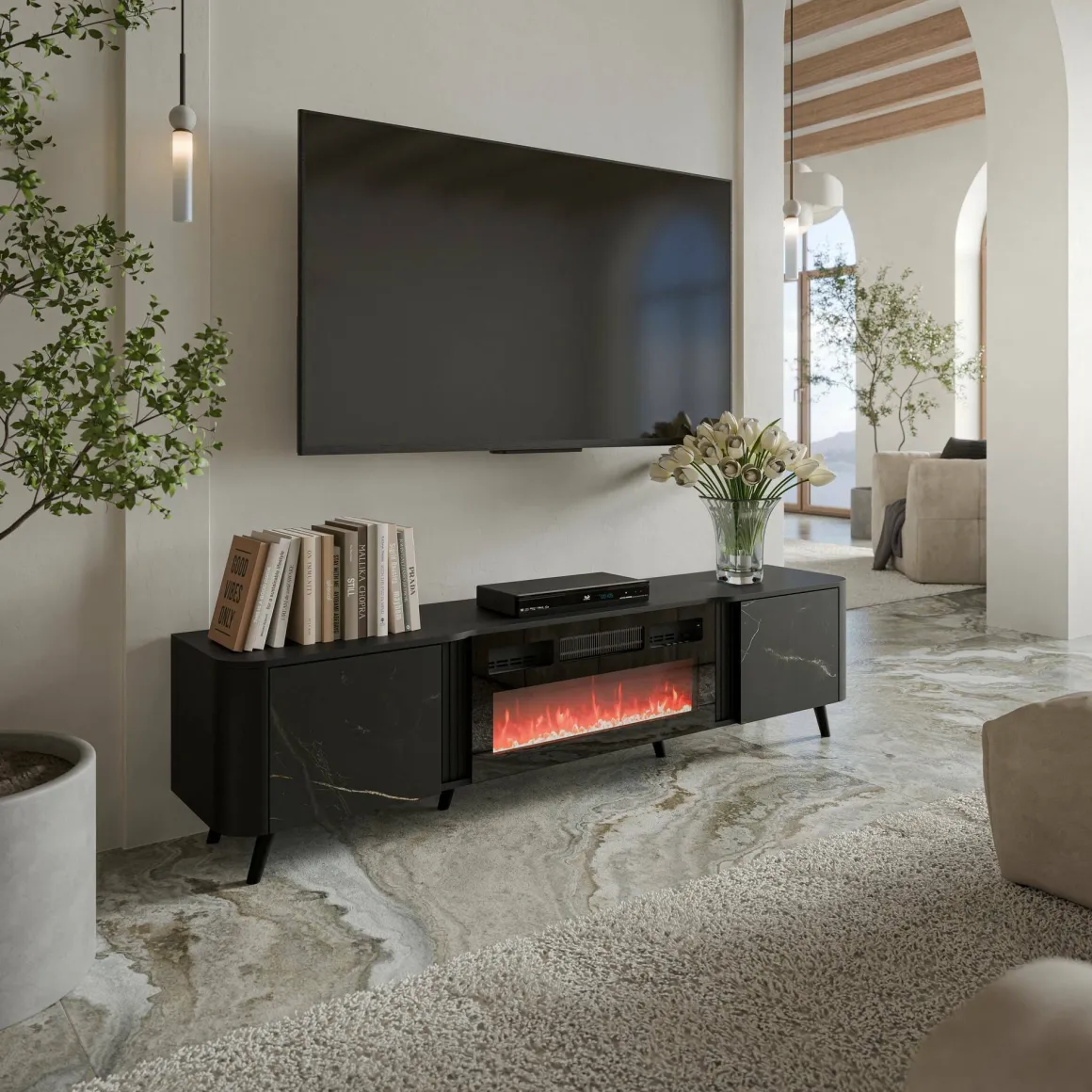Porta TV marmo e nero 190x40x58h cm 2 ante - Vicino