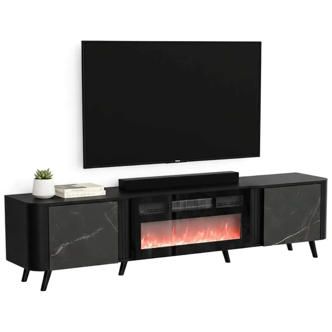 Porta TV marmo e nero 190x40x58h cm 2 ante - Vicino