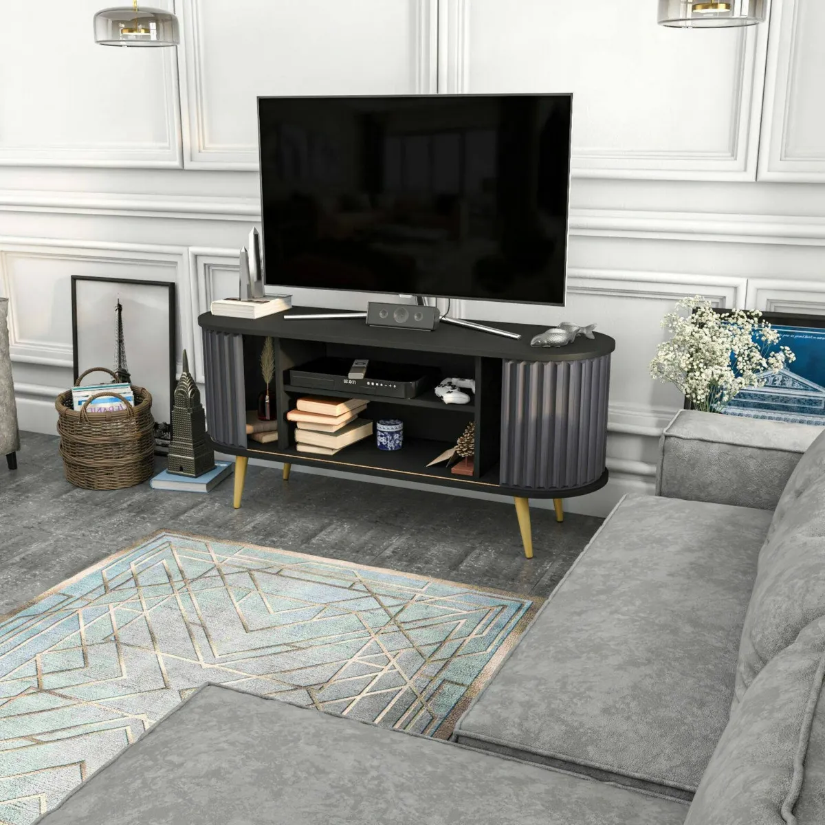 Mobili Porta Tv|Salotto > Dmora Porta TV nero e antracite 140x43x64h cm 2 ante - Bailu Nero, Nero Antracite