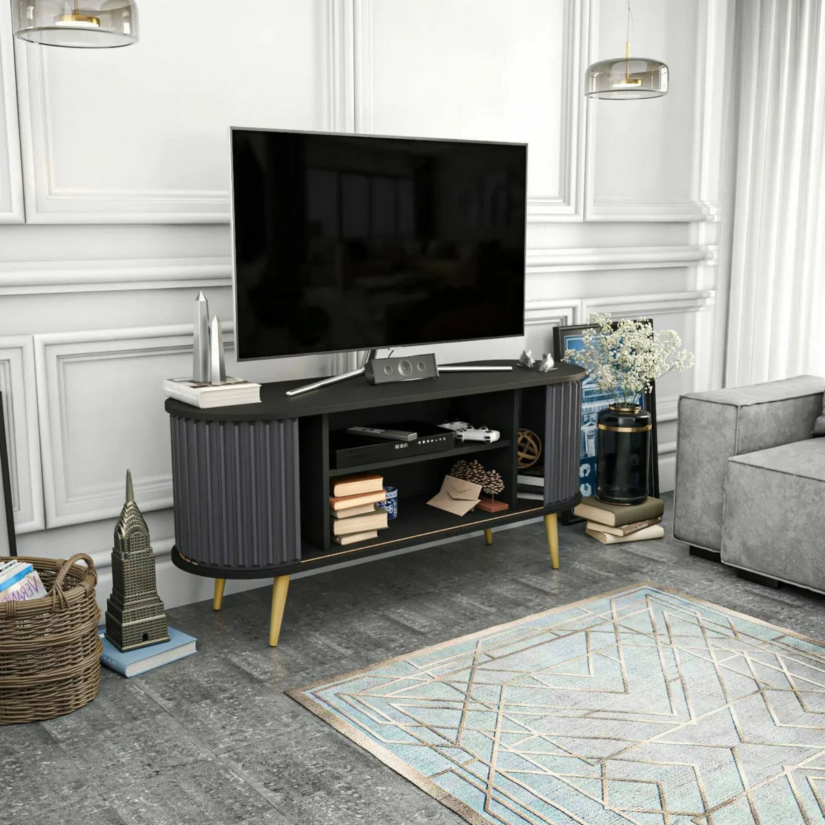 Mobili Porta Tv|Salotto > Dmora Porta TV nero e antracite 140x43x64h cm 2 ante - Bailu Nero, Nero Antracite