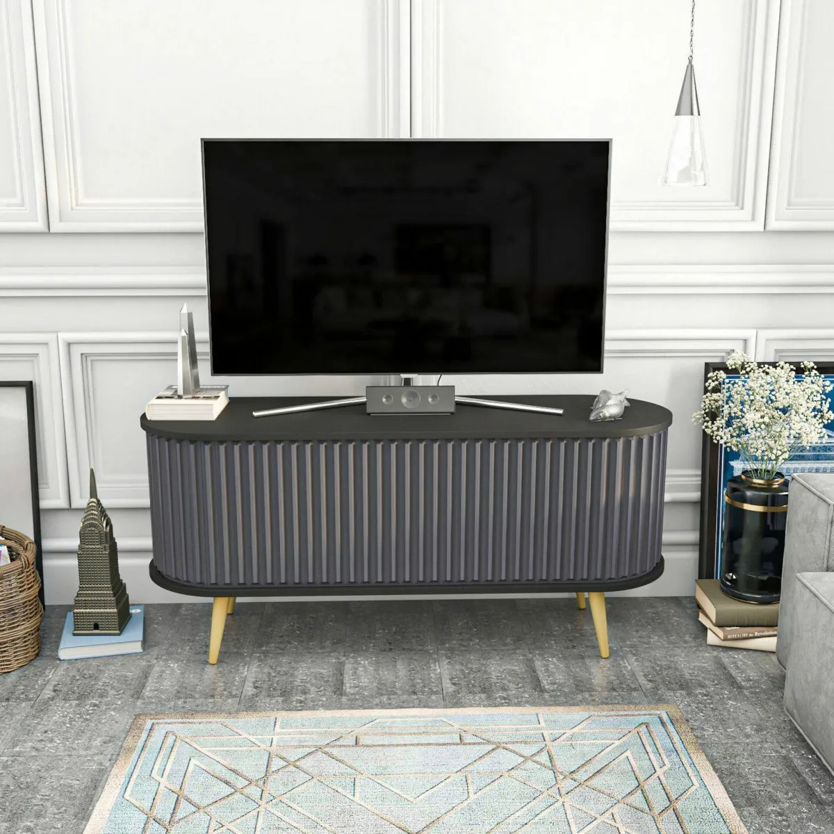 Mobili Porta Tv|Salotto > Dmora Porta TV nero e antracite 140x43x64h cm 2 ante - Bailu Nero, Nero Antracite