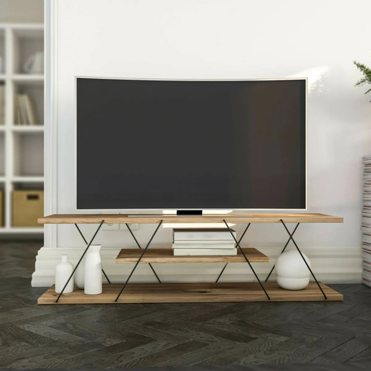 Salotto > Dmora Porta TV nero,noce 120x30x33h cm in legno - Desdemona Nero Noce, Marrone