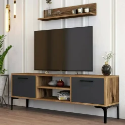Mobili Porta Tv|Salotto > Dmora Porta TV noce e antracite 140x45x35h cm 2 ante - Arsiero Nero Antracite, Marrone Noce