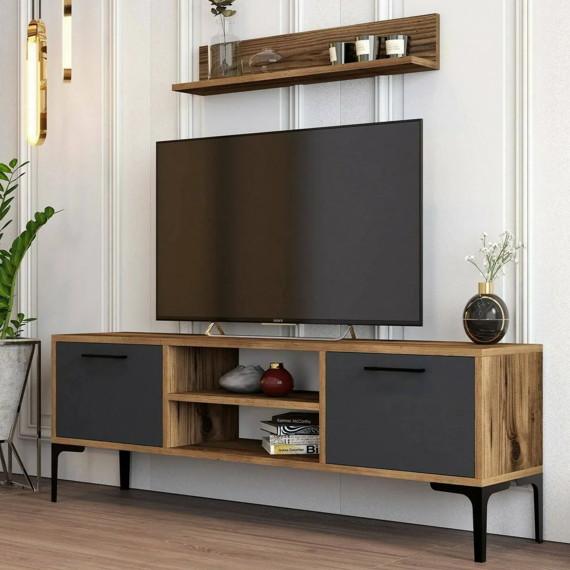 Mobili Porta Tv|Salotto > Dmora Porta TV noce e antracite 140x45x35h cm 2 ante - Arsiero Nero Antracite, Marrone Noce