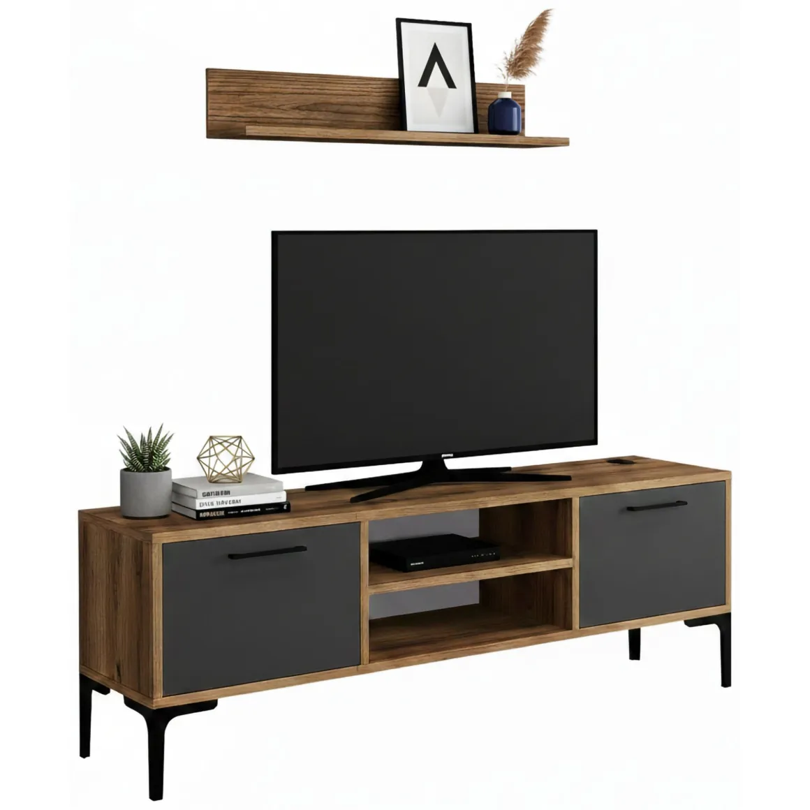 Mobili Porta Tv|Salotto > Dmora Porta TV noce e antracite 140x45x35h cm 2 ante - Arsiero Nero Antracite, Marrone Noce