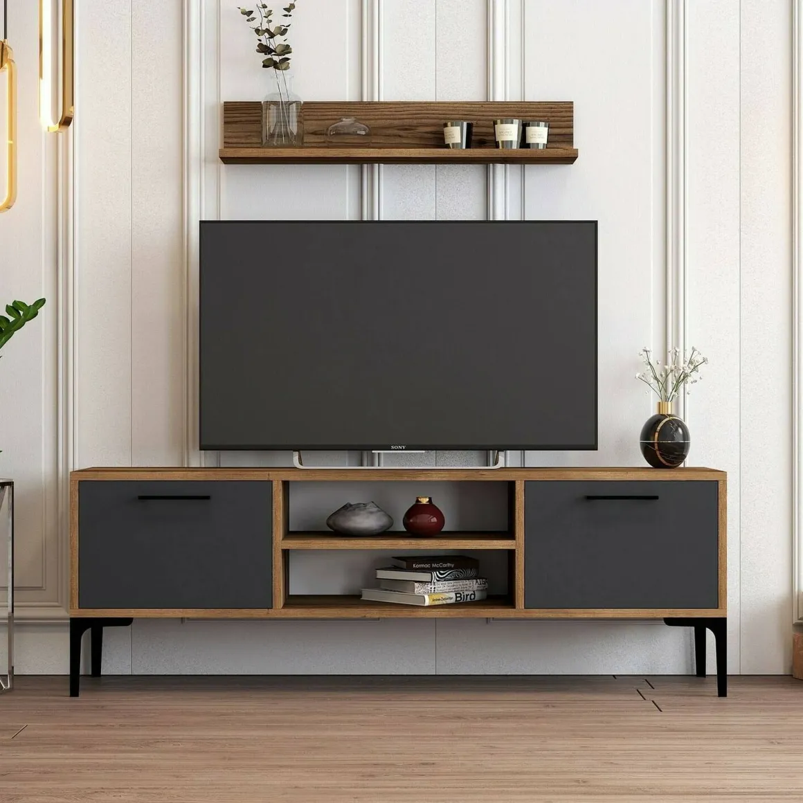 Mobili Porta Tv|Salotto > Dmora Porta TV noce e antracite 140x45x35h cm 2 ante - Arsiero Nero Antracite, Marrone Noce