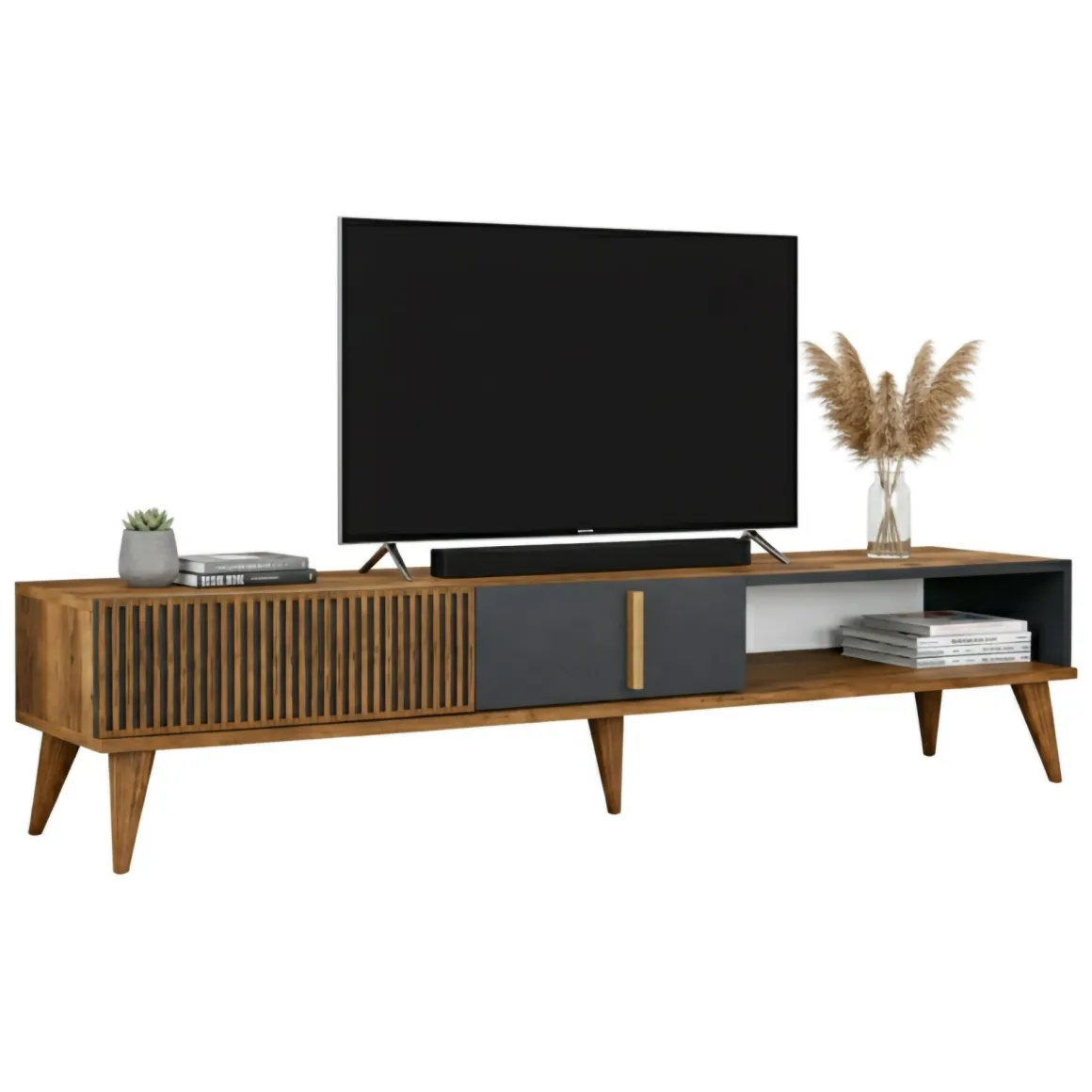 Mobili Porta Tv|Salotto > Dmora Porta TV noce e antracite 180x47x35h cm modulabile - Angiari Nero Antracite, Marrone Noce