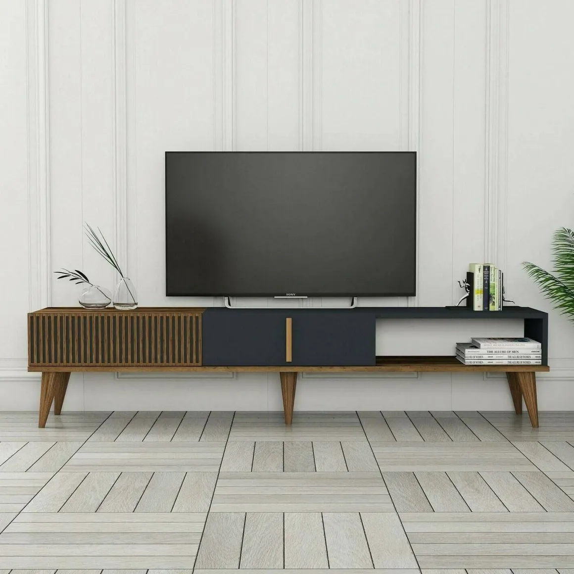 Mobili Porta Tv|Salotto > Dmora Porta TV noce e antracite 180x47x35h cm modulabile - Angiari Nero Antracite, Marrone Noce