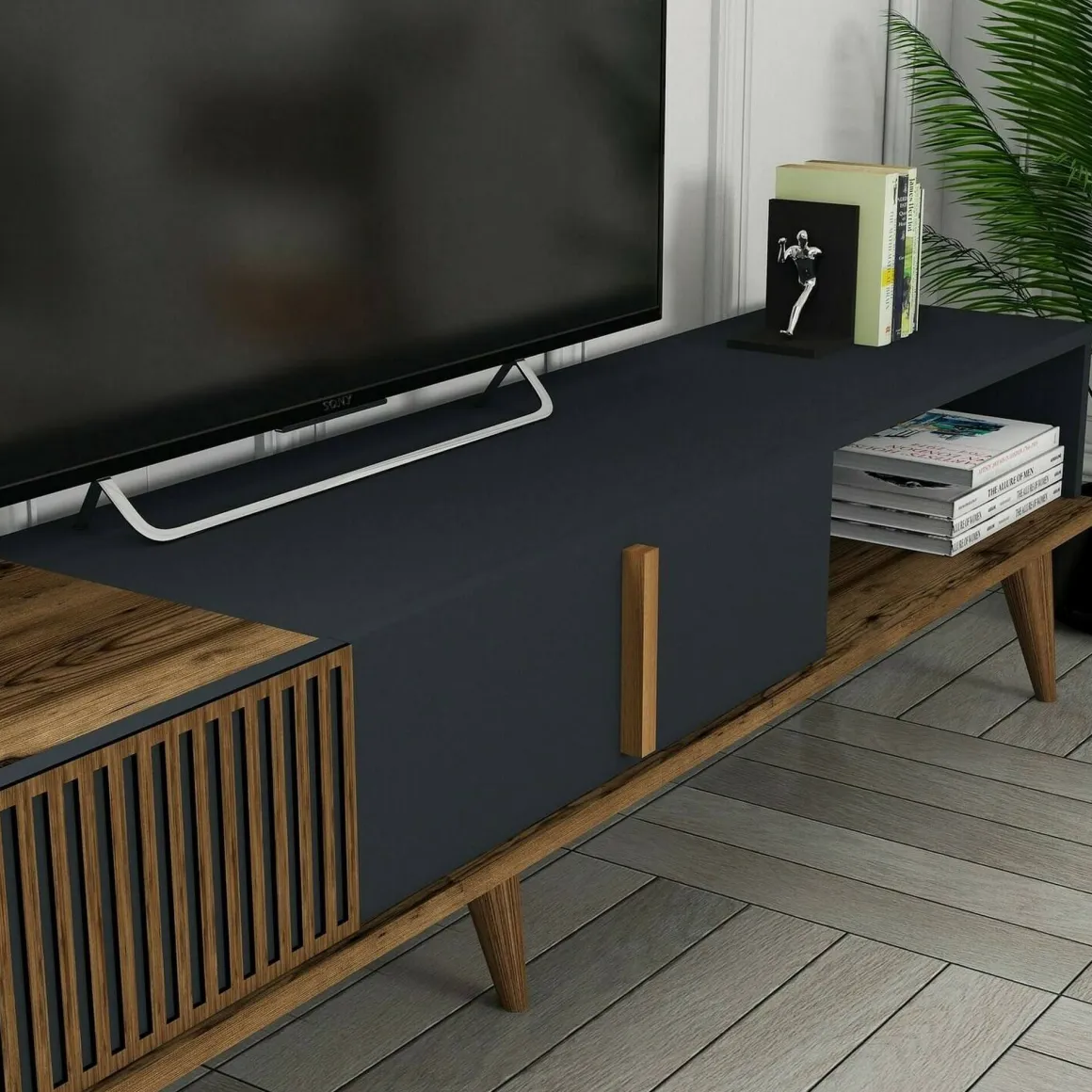 Mobili Porta Tv|Salotto > Dmora Porta TV noce e antracite 180x47x35h cm modulabile - Angiari Nero Antracite, Marrone Noce