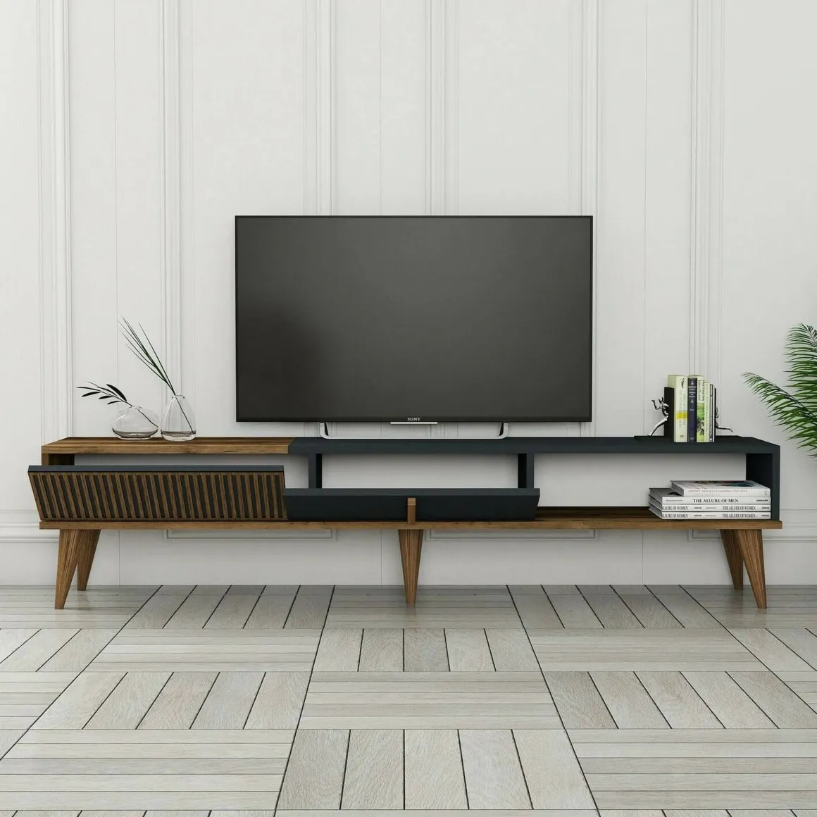 Mobili Porta Tv|Salotto > Dmora Porta TV noce e antracite 180x47x35h cm modulabile - Angiari Nero Antracite, Marrone Noce